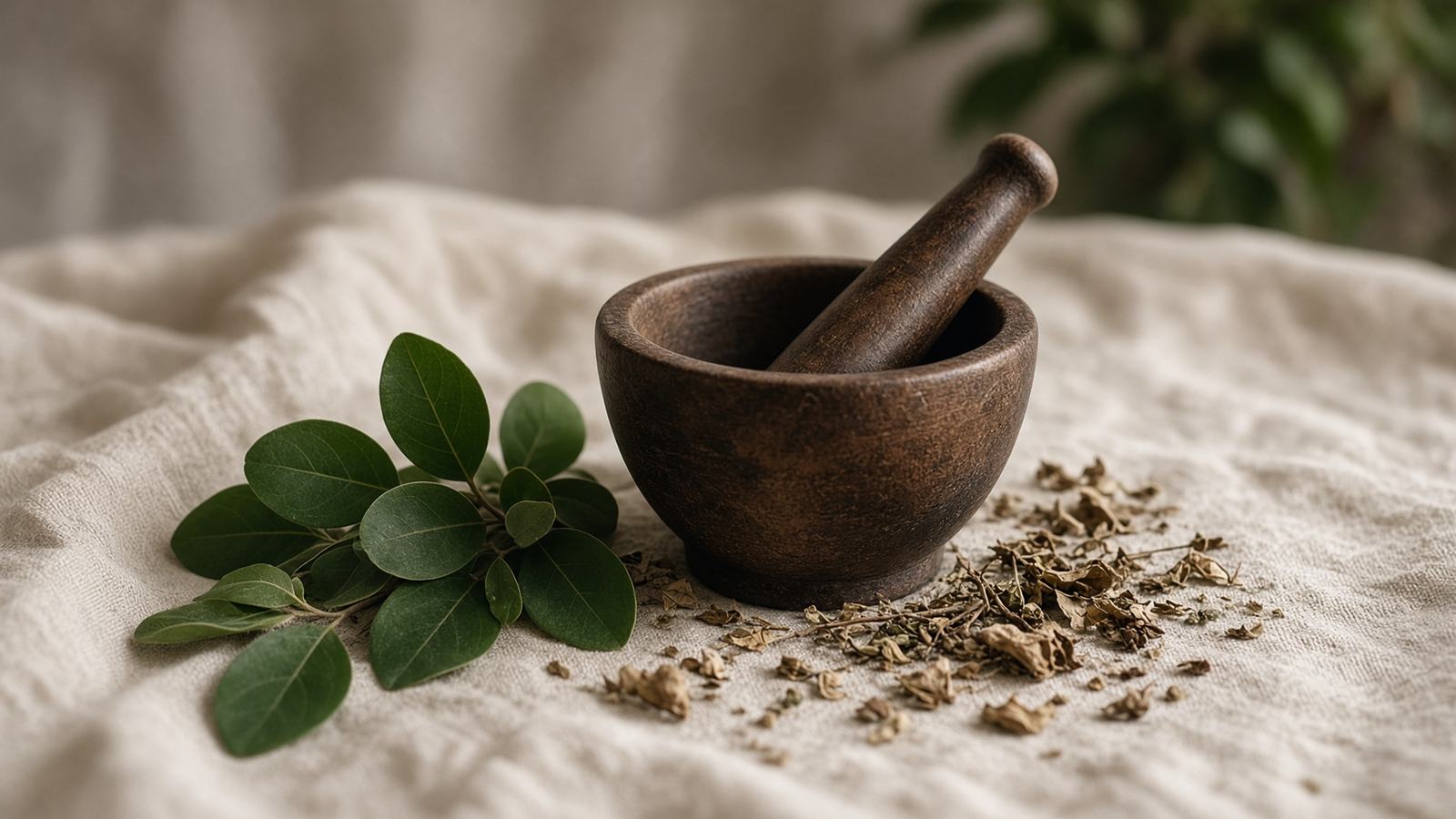 Wooden mortar with fresh leaves on linen. A decorative photograph, not a product.